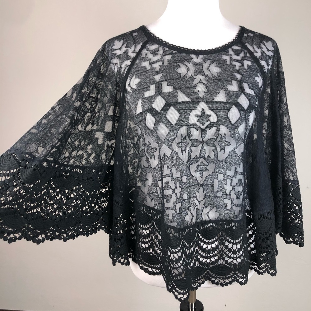 Free People Black Lace Sheer Bell Sleeve Top Small
